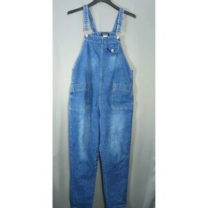 womens Barrel Overalls medium blue denim pockets bibs oversized boho cozy retro